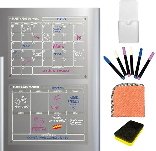 Kit Calendario Acrílico Magnético en Español Nevera Mensual y Semanal – Planificador Organizador Semanal y Mensual Transparente en Español con Accesorios – Calendario Acrílico Transparente.
