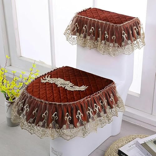 3pcs/Set Lace Embroidery Gold Rose Flower Soft Toilet Lid & Tank Covers Toilet Seat Cover Pads Toilet Seat Cushion Pads Zipper -Typ