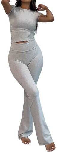 Chanpning Damen Skims Dupe Slim Fit 2 Stück Set Langarm Crop Top und Low Rise Flare Pants Yoga Trainingsanzug Lounge Set