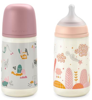 Suavinex, 2er- Pack, Babyflaschen 270 ml mit physiologischem Sauger SX Pro aus Silikon, mit Anti-Colic-Ventil, mittlerer Nahrungsfluss (M), für Babys +3 Monate, Dreams Pink
