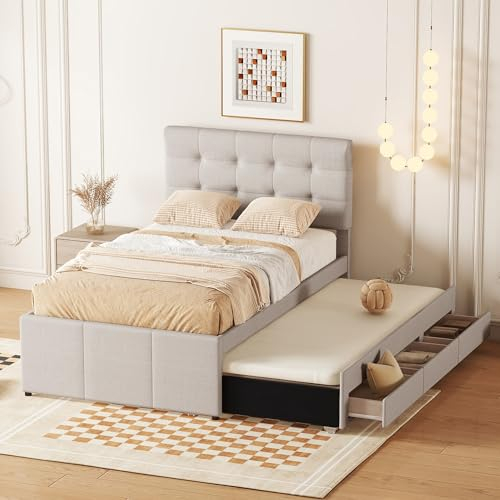 Kinderbett Polsterbett 90x200 Bettgestell Ausziehbett,Einzelbett mit Ausziehbarem Bett & 3 Stauraum Schublade für 2 Kinder,Schlafsofa mit Lattenrost,Verstellbares Kopfteil,Leinen,Beige,Ohne Matratze