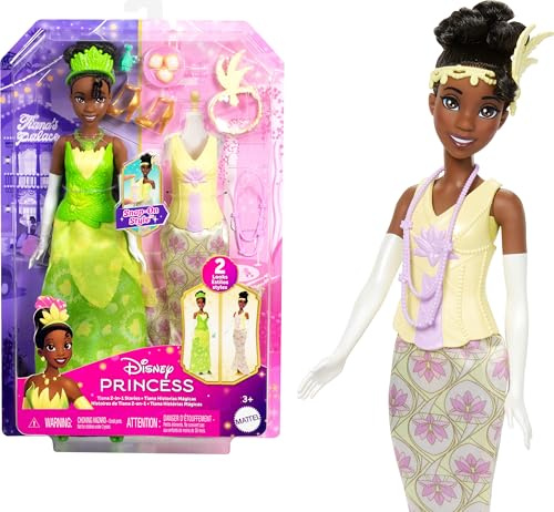 Disney Princess Mattel Toys, Tiana Modepuppe mit 2 Looks, 9 Accessoires, 2 aufsteckbaren Miedern & 2 Röcken, 2-in-1-Geschichten inspiriert vom Disney-Film