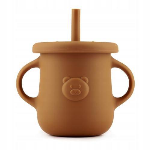 kidnort Silikon-Trinkbecher mit Strohhalm und Henkel für Babys, 250 ml (Retter Brun)