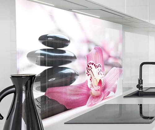 timalo Spritzschutz Wand für Herd, Küche Küchenrückwand Glasoptik | Acryl Glas 2mm | Glasrückwand Acrylglas Wandpaneele Rückwandschutz Platte | 160x50cm Zen Steine Lotusblüte