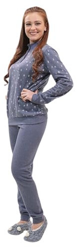 Leo Corsetteria Pigiama per Donna Pile Calda Giovane Invernale Collo Alto Bottoni con Polsini Fantasia Stelline e scintille Blu Misura M