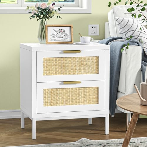 Yvsevnr Nachttisch, Nachttische mit 2 Schubladen, Boho Nachtschrank mit Rattan, Kleine Kommode für Schlafzimmer, Wohnzimmer, Einfach zu Montieren 48.3 x 35.3 x 54.5 cm
