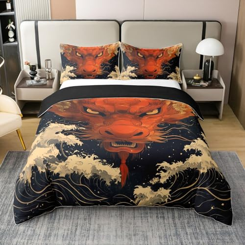Homewish Magical Dragon Baumwolle Bettwäsche Set 135x200 Chinesische | Orientalische Antike Bettbezug Wildlife Japanischer Stil Tröster Bezug Rote Schwarze Bettbezug Soft Atmungsaktiv Reversibel
