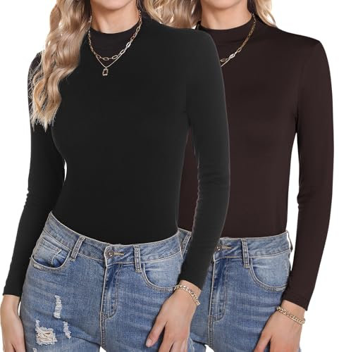Aottori Rollkragenshirt Damen Baumwolle Langarmshirt Slim Fit Shirt Stehkragen Unterziehrolli Langarm Stretch Wandershirt Elegant Basic Top 2er-Pack Schwarz+Braun XXL