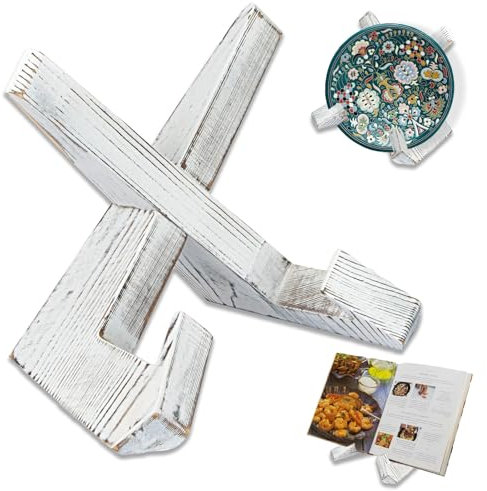 Kochbuchhalter, Weiß Buchständer Holz, Rezepthalter für Küche, Buch Halterung, Rezept Display Rack, iPad Tablet Ständer, Zum Ausstellen von Büchern, Tellern, Bilderrahmen, Rustikal