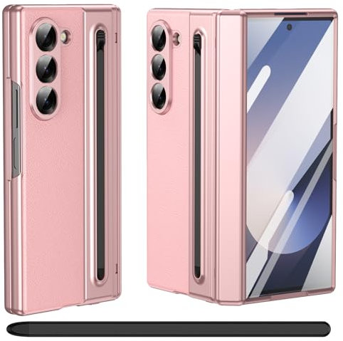 pour Samsung Galaxy Z Fold 5 étui avec Support S Pen, [avec Protecteur d'écran en Verre trempé], étui en Cuir Samsung Galaxy Z Fold5 avec Protection de charnière-Rose
