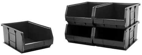 BiGDUG Plastic Parts Bins - Stackable or Wall Mounted Storage Boxes Garage Organiser - Pack of 5 - 200H x 310W x 520D mm - Black