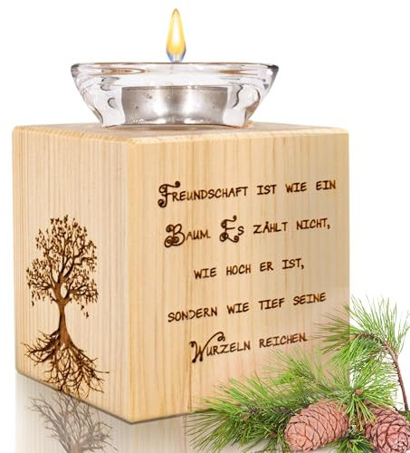 sagl.tirol® Zirbenholz Teelichthalter, Baum des Lebens, Freundschaftslicht mit Gravur, handgefertigt aus Holz, inkl. Glas & Teelicht, hochwertige Deko & Geschenkidee, Freundschaft ist...