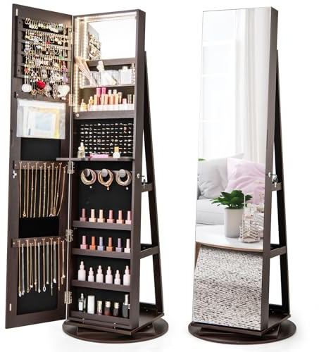 RELAX4LIFE Schmuckschrank mit 2 Spiegeln, 3 in 1 Spiegelschrank mit 3 farbigen LEDs, 360° Drehbar & Abschließbar, Schmuckorganizer mit 3 Regalen (Kaffee)