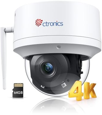 Ctronics 4K Caméra de Surveillance Extérieure WiFi 2,4/5GHz, Suivi Auto Personas/Vehículos/Animales, 24/7 Visión Nocturna UHD IR, PC/App, FTP/Cloud/256GB TF, 8 Preajustes, SD 64GB Incluida,Techo/Pared