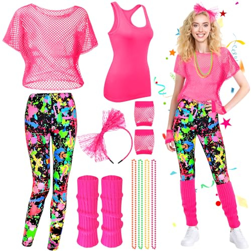 UxClishe 80s Fancy Dress Costume Set for Women, 1980s Accessories Kit with Fishing Net Vest Pants Necklace Leg Warmer Gloves 80s Workout Costume for Party Supplies