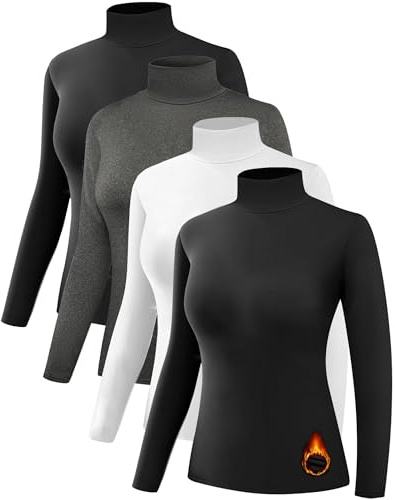Dalavch Thermo-Rollkragen-Shirts für Damen, Rollkragen-Shirts, Fleece-gefüttert, Kompressions-Langarm-Unterhemden, 4 Stück, 2 x Schwarz, 1 x Grau meliert, 1 x Weiß, X-Klein