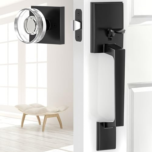 BonKuDoo Front Door Handle No Lock, Entry Handleset with Glass Passage Knob, Matte Black,Deadbolt Not Included