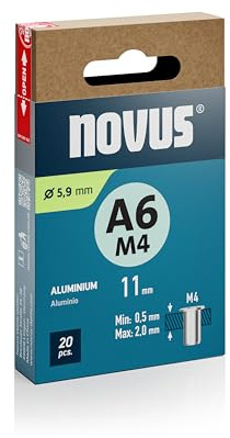 NOVUS TOOLS Aluminium-Blindnietmuttern Ø 5,9 mm, 11 mm Länge, 20 Stück | M4 Gewinde, Klemmlänge 0,5-2,0 mm, Nietmuttern zur Befestigung in Nichteisen-Metall, Kunststoff und Leichtbaumaterial
