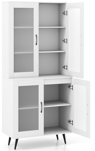 COSTWAY Meuble Vitrine sur Pieds 178 cm, Armoire Vitrine Salon 4 Portes, Étagère Réglable, Bibliothèque pour Manga, Collection, Meuble de Rangement pour Cuisine, Pieds en Métal (Blanc)