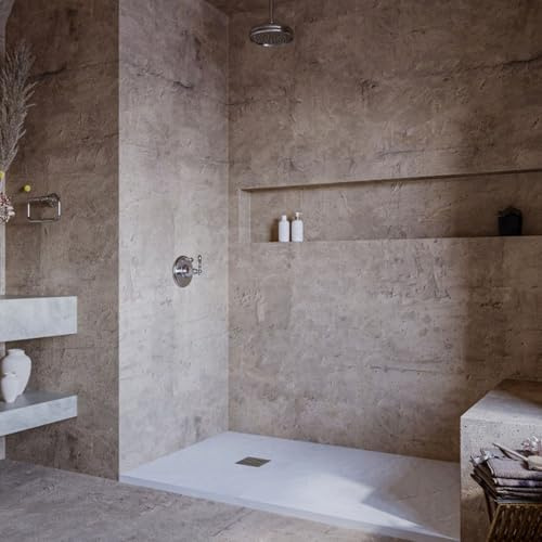 SOULHOME Receveur de Douche en résine et fibre – Solide et Ultraléger – Texture Ardoise – Blanc – 130x90 – Extra-plat + Bonde d’évacuation et Grille