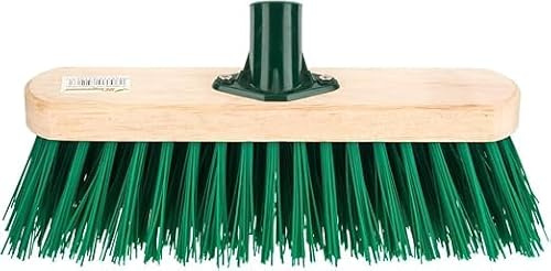 Wooden Broom Head Stiff PVC Bristle Brush, Replacement Wooden Broom Head, Indoor Outdoor Stiff Bristle Floor Sweeping Brush with Plastic Fixing Bracket Connector (Green)