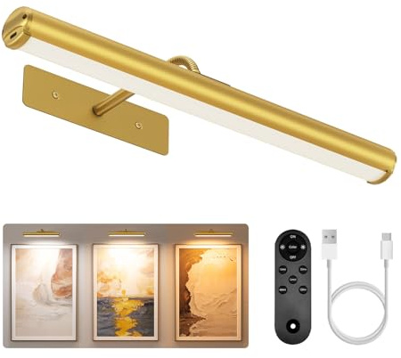 EZVALO Picture Lights for Wall, 13'' Wireless 4000mAh Rechargeable Battery Operated Painting Light with Remote, 3 Color Temperatures Art Light for Gallery, Living Room, Hallway (Gold, 13in)