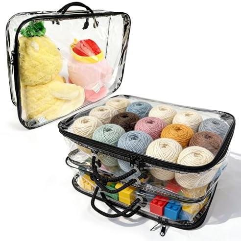 QQdou Clear Yarn Storage, 3pcs Portable Organizers with Zippers & Handle, Dust-Proof Organiser Bag, Knitting Accessories, Saving Space for Yarns, Towels, Toys, Wool, Clothes, Blanket