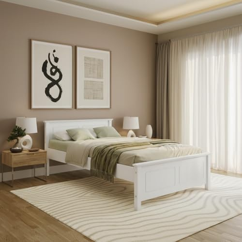 Bellamio Medje Holzbett 120x200 cm, Weiß, Kiefer Massivholz, Landhausstil | Mit Lattenrost, Bettgestell mit Kopfteil, Bettrahmen, Kassettenoptik, Massivholzbett, Doppelbett bis 180 kg, Schlafzimmerbett
