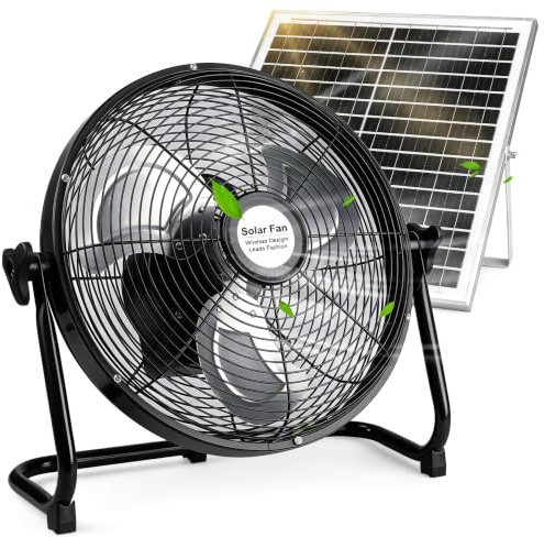 Solar Ventilator Outdoor Windmaschine 12 Zoll Ø, Ventilator mit Solarpanel Leise aus Metall, Leiser Camping Bodenventilator 12 Stufen, 360° Verstellbar, USB Ausgang, Schwarz, fürs Camping, Zuhause