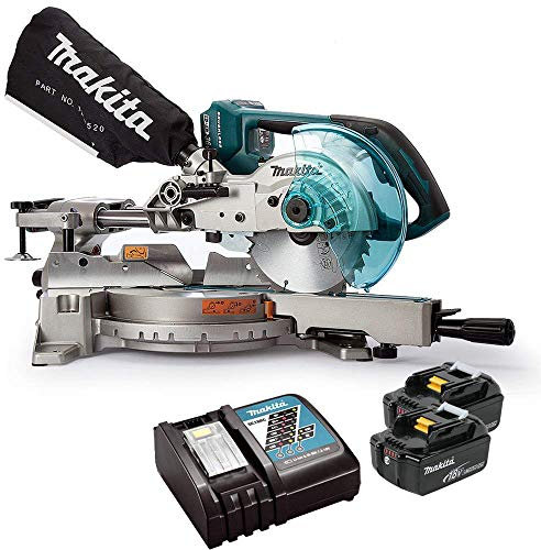 Makita DLS714Z Twin 18V LXT Slide Compound Mitre Saw Bare Unit with 2 x 5Ah Batteries & Charger