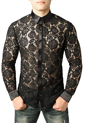 JOGAL Chemise à manches longues pour homme Transparent Motif floral, Rose noire., XL