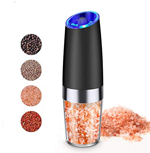 MaxMiuly Salt or Pepper Grinder Gravity Electric Salt Grinder Battery Powered Pepper Mill Adjustable Grinder Coarseness with Blue LED Light Black