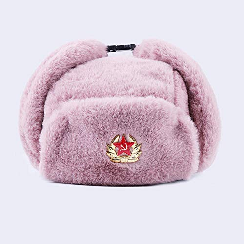 QIANWEIXI Russen Mütze Herren Abzeichen Uschanka Russische Männer Frauen Winter Hüte Army Military Bomber Hut Trapper Earflap Schnee Ski Cap-Pink_M_56-61Cm
