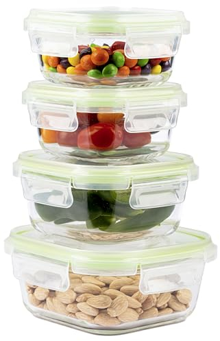 Home Fleek Recipientes de Cristal para Alimentos Hermeticos con Tapa - Tapers para Comida Hermetico, Ahorro De Espacio Recipientes para Alimentos para Microondas, Horno Y Congelador (Pack 4, Verde)