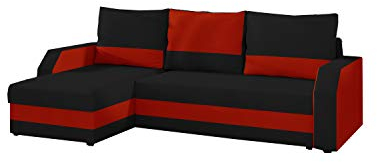 MOEBLO Ecksofa mit Schlaffunktion mit Bettkasten Couch L-Form Polstergarnitur Wohnlandschaft Polstersofa mit Ottomane Couchgranitur - GAJA (Schwarz+Rot (Alova 04+Alova 46), Ecksofa Links)