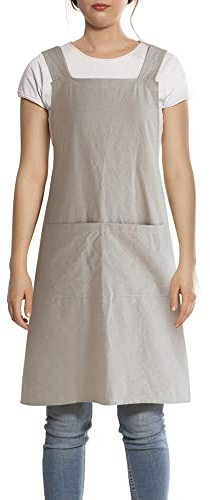 FBBULES Küchenschürze mit Tasche Baumwolle und Leinen Schürze Japanischer Stil Kreuz Bandage Kochen Backen Schürze Gärtnern für Damen Männer, Khaki
