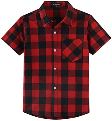 Spring&Gege Chemises à carreaux à manches courtes pour garçon, rouge/noir, 11-12 ans