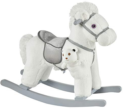 HOMCOM Caballito Balancín con Felpa con Osito de Peluche para Niños 18-36 Meses Caballo Mecedora Sonidos de Relincho y Galope Base de Madera Asiento 35 cm Carga 30 kg 65x26x55 cm Blanco