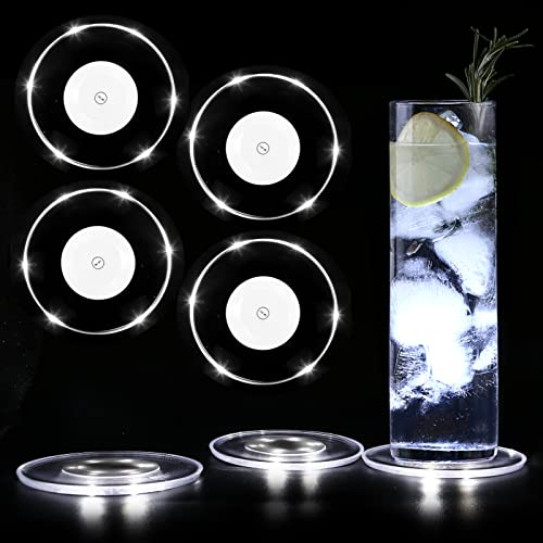 MEDOYOH 4er-Set Kühle Weiß LED Untersetzer Leuchtende für Getränke, ON/Off Taste Getränke Untersetzer Set, Wasserdicht Untersetzer Acryl Rund für Gläser Flaschen Partys Hochzeiten Bar Weihnachten Pub