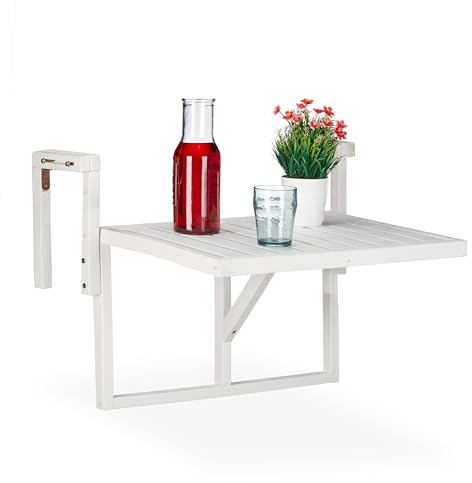 Relaxdays Mesa Balcón Plegable, Mesita Auxiliar para Colgar de Barandilla, Altura Regulable, 55x70x65 cm, Madera, Blanca
