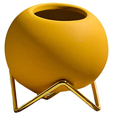 DEDEMCO Vase de fleurs en céramique, style nordique avec support en métal, vase de fleurs décoratif moderne, vase rond en poterie pour mariage, maison, centre de table, jaune, 3.9 x 4.1 inch