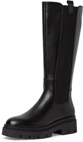 Tamaris Botas de Caña Larga para Mujer, Piel, Tacón Cuadrado, Cómodas, Negro, 39 EU