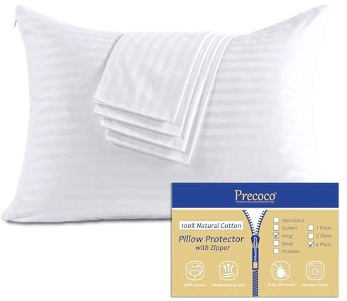 100% Cotton King Pillow Protectors with Zipper, White Pillow Cases King Size Set of 4 for Home & Hotel, Sateen Soft Cooling Hidden Zippered Pillow Case Protector for Hair & Skin, 20x36 in