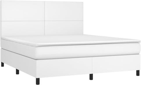 vidaXL Boxspringbett mit Matratze LED Kunstlederbett Polsterbett Doppelbett Bett Schlafzimmerbett Bettgestell Bettrahmen Lattenrost Hotelbett Weiß 160x200cm