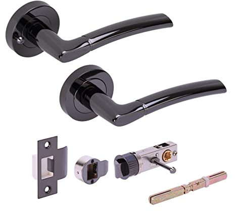 Hunta HANDLEZONE® Neemo Privacy Lever On Round Rose Door Handles, with Bullet Privacy Latch, for Bathroom, Toilet, WC Doors, 1 Set - Black Nickel