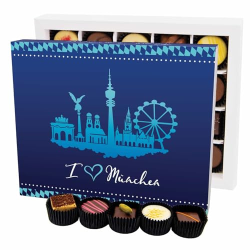 Hallingers Genuss Manufaktur Pralinen Geschenk - ohne Alkohol, handmade aus Confiserie-Edelkakao in wertiger XL-Geschenkbox I love München, Geschenkidee für Frauen Männer