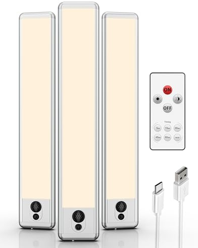 EZVALO Schrankbeleuchtung 23cm mit Fernsteuerung & Bewegungsmelder, 1600mAh USB Unterbauleuchte Küche LED, 3500K Unterschrank Beleuchtung für Kleiderschrank, Küche, Treppe (3 Stück)