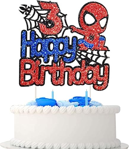 Spiderman Tortendeko 3 Geburtstag, Happy Birthday Tortendek, Superhelden Cake Topper, Doppelseitiger Glitter Kindergeburtstag Kuchen Deko für Mädchen Junge Baby