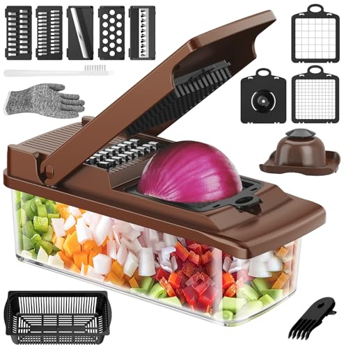 Cortador de Verdura Manual,IDIQIB 15 en 1 Mandolina de Cocina Profesional,Picador de Verduras con Separador de Huevos, Cortador de Patatas para Cebollas Tomates Zanahoria Pepino-Marrón