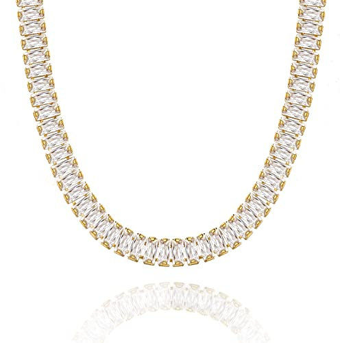 KissYan Gold Tennis Necklace for Women, 14K Gold Plated Diamond Cubic Zirconia Baguette Tennis Chain Paperclip Link Cuban Choker Dainty Jewelry Gifts(33B)